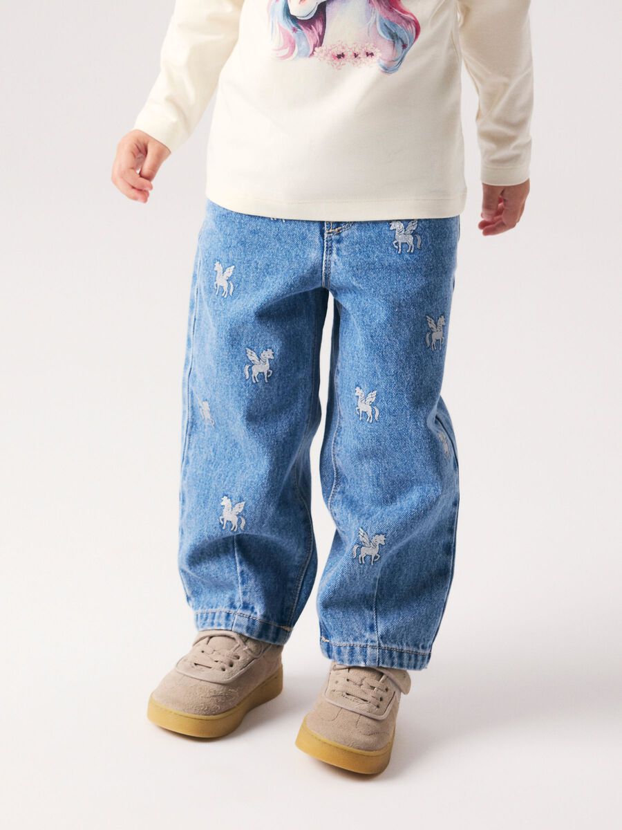 Product carousel image - BARREL-FIT GLITTER JEANS, Medium Blue Denim | 1