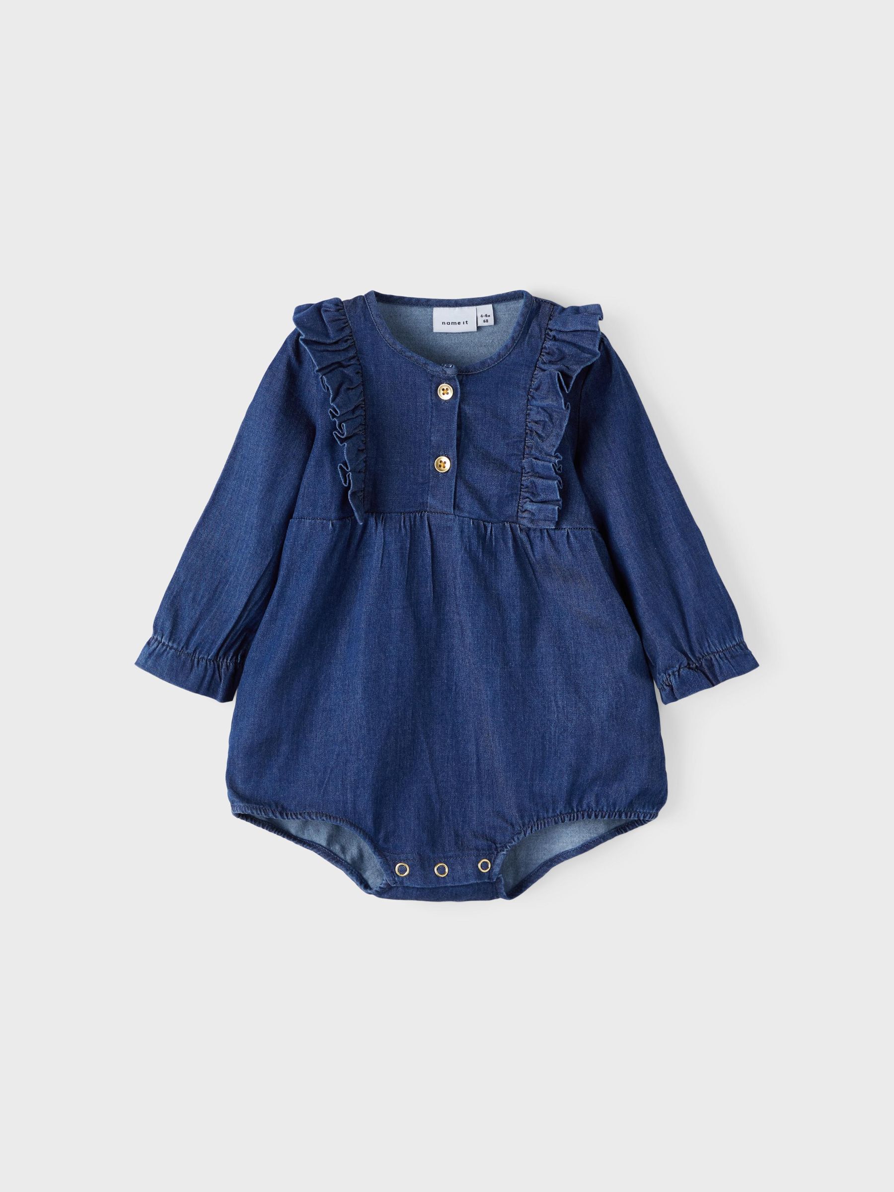 LONG SLEEVED DENIM ROMPER (Blue) from 