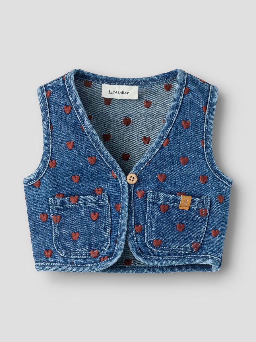 Product carousel image 1 GEBORDUURD DENIM GILET, Dark Blue Denim
