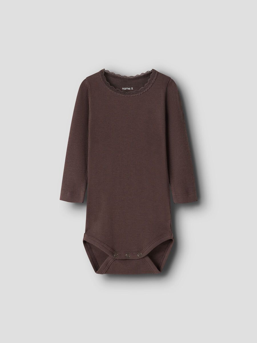 Carousel image - LONG SLEEVED RIB ROMPER, French Roast | 1